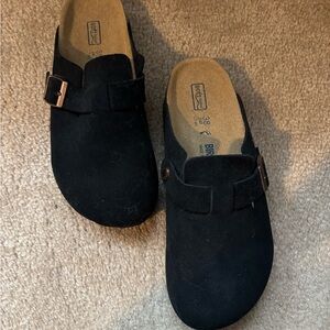 Birkenstock Black Suede Clogs with Buckle